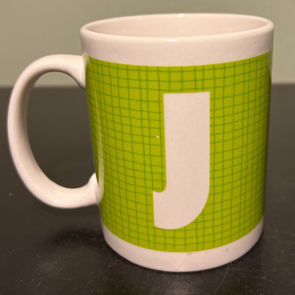 Letter J Initial Monogram Ceramic Coffee Cup Mug Neon Green Plaid Checked 12oz